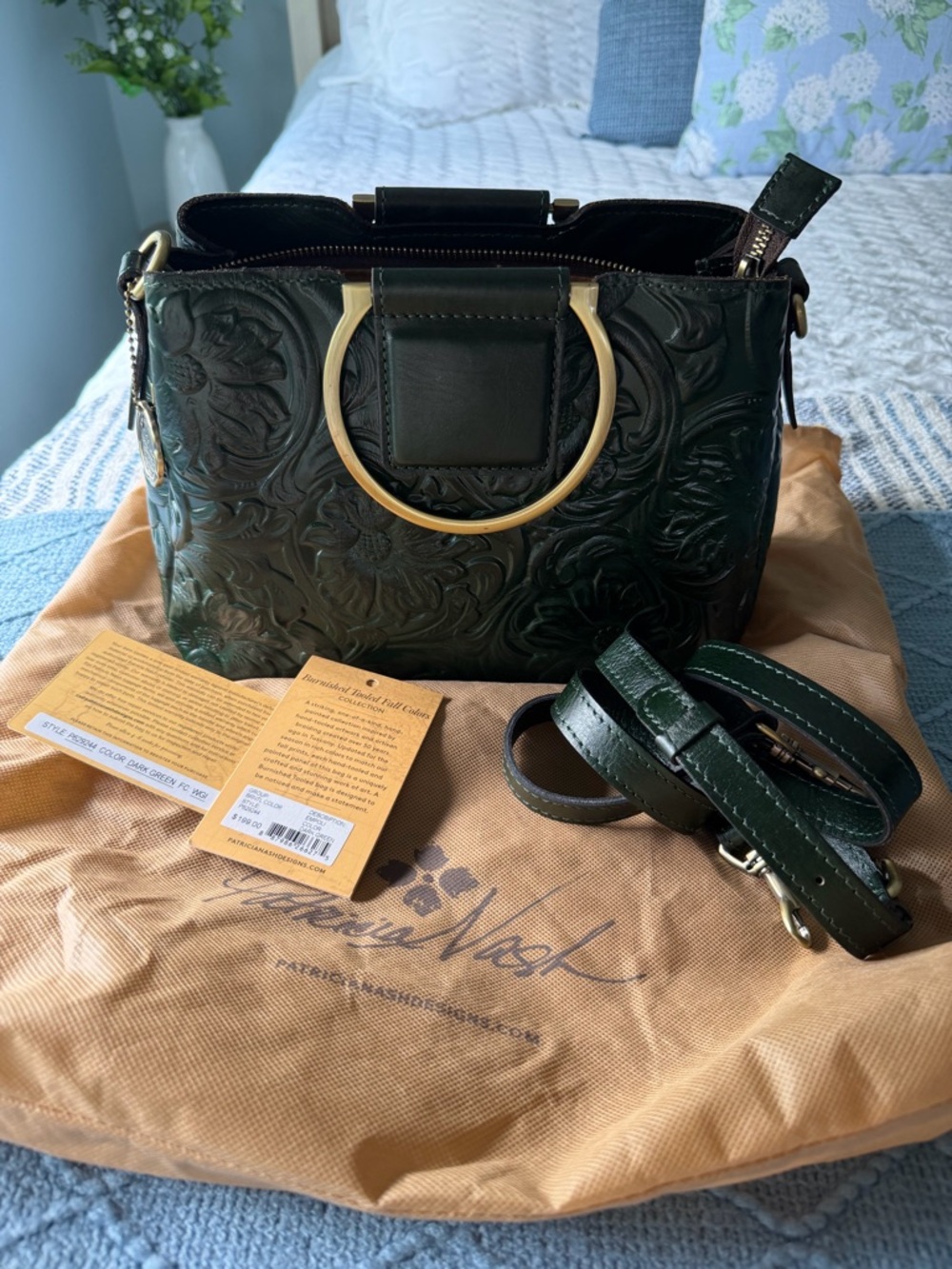 Patricia Nash Empoli Emerald Tooled Leather Satchel with Gold Ring Handles